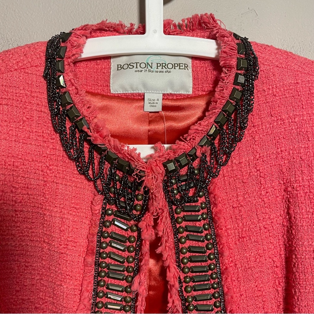 Boston Proper Tweed Coral Embellished Blazer Jacket NWOT - Picture 5 of 9